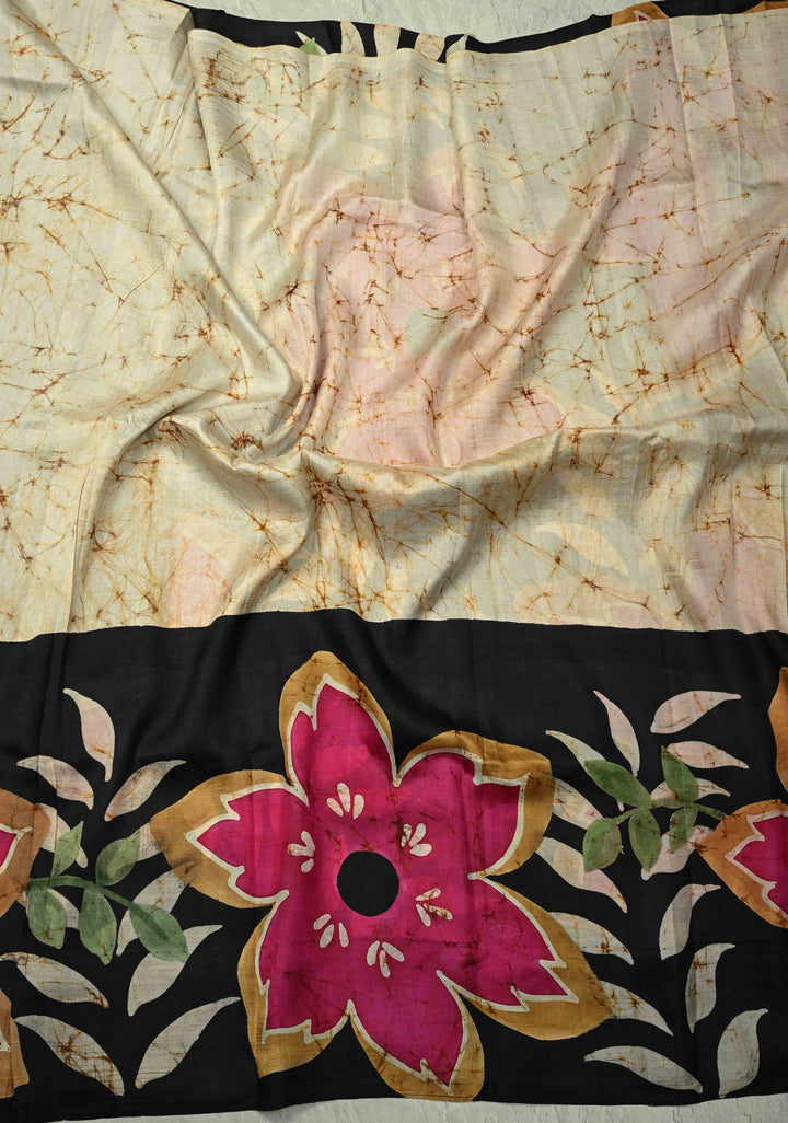 Beige Bishnupuri Silk Saree with Floral Hand Wax Batik Print and Skirt Border, Pallu| SILK MARK CERTIFIED