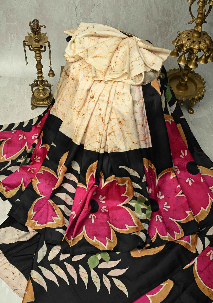 Beige Bishnupuri Silk Saree with Floral Hand Wax Batik Print and Skirt Border, Pallu| SILK MARK CERTIFIED