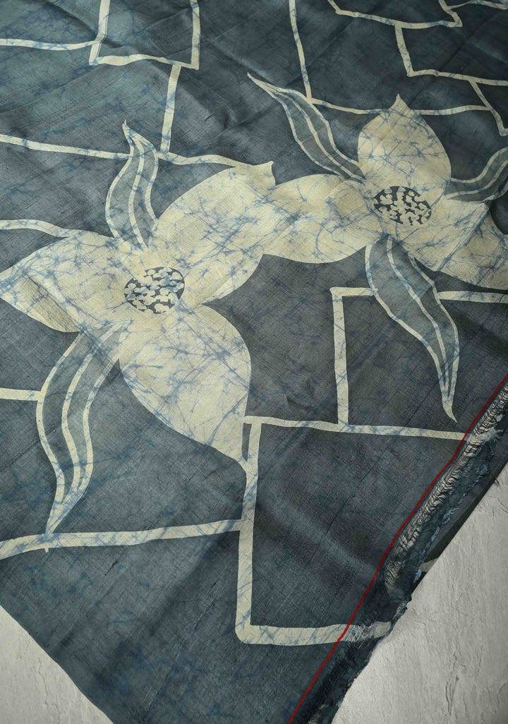 Grayish Blue Bishnupuri Silk Saree with Floral Hand Wax Batik | SILK MARK CERTIFIED