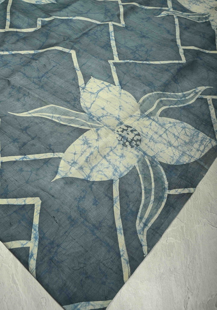 Grayish Blue Bishnupuri Silk Saree with Floral Hand Wax Batik | SILK MARK CERTIFIED