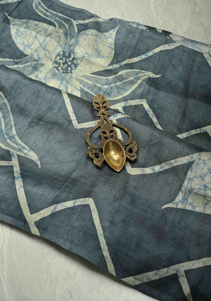 Grayish Blue Bishnupuri Silk Saree with Floral Hand Wax Batik | SILK MARK CERTIFIED
