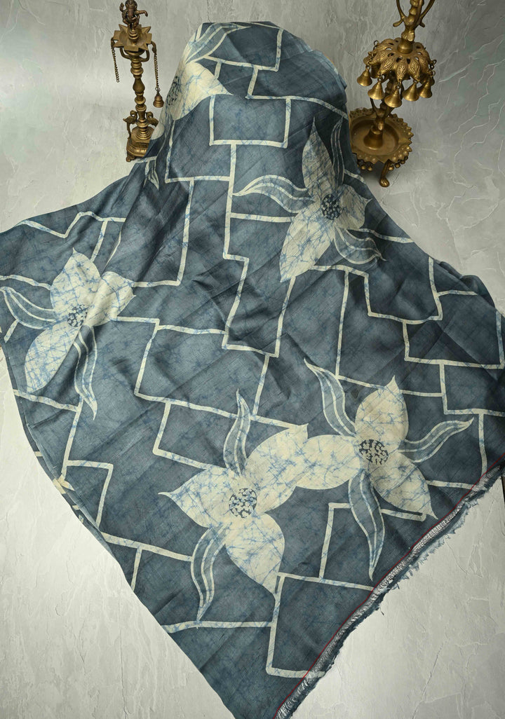 Grayish Blue Bishnupuri Silk Saree with Floral Hand Wax Batik | SILK MARK CERTIFIED