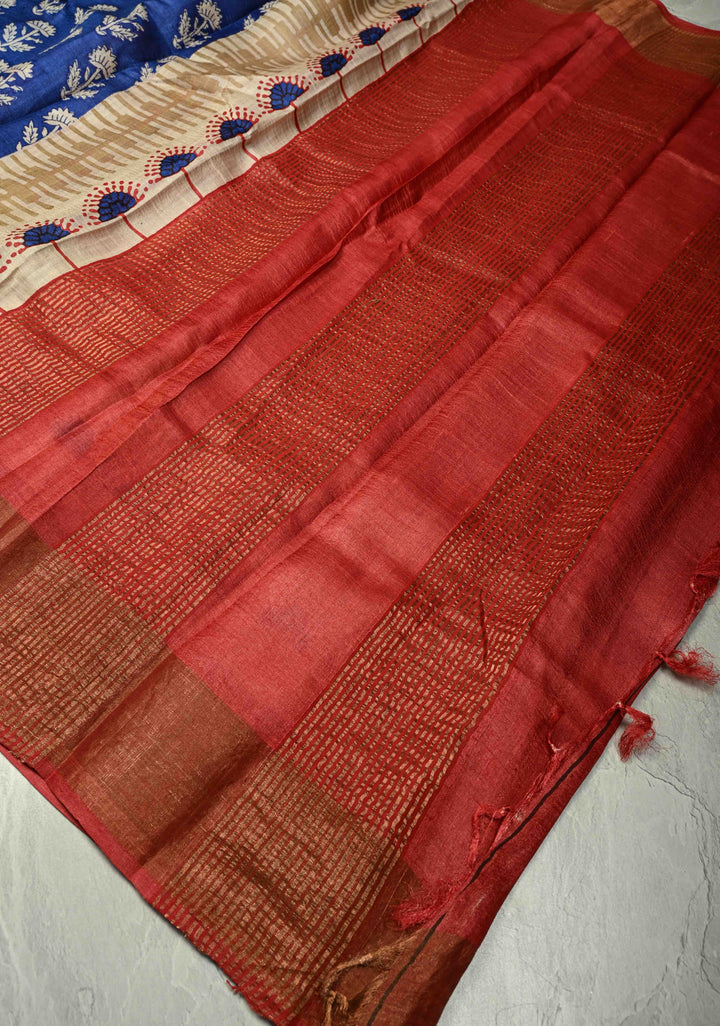 Blue Pure Handloom Jari Tussar Silk Saree with Block Print and Panel Design on Contrast Zari Border | SILK MARK CERTIFIED