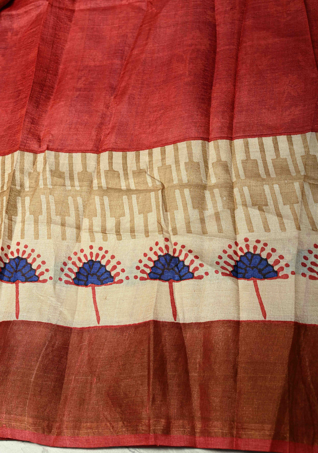 Blue Pure Handloom Jari Tussar Silk Saree with Block Print and Panel Design on Contrast Zari Border | SILK MARK CERTIFIED