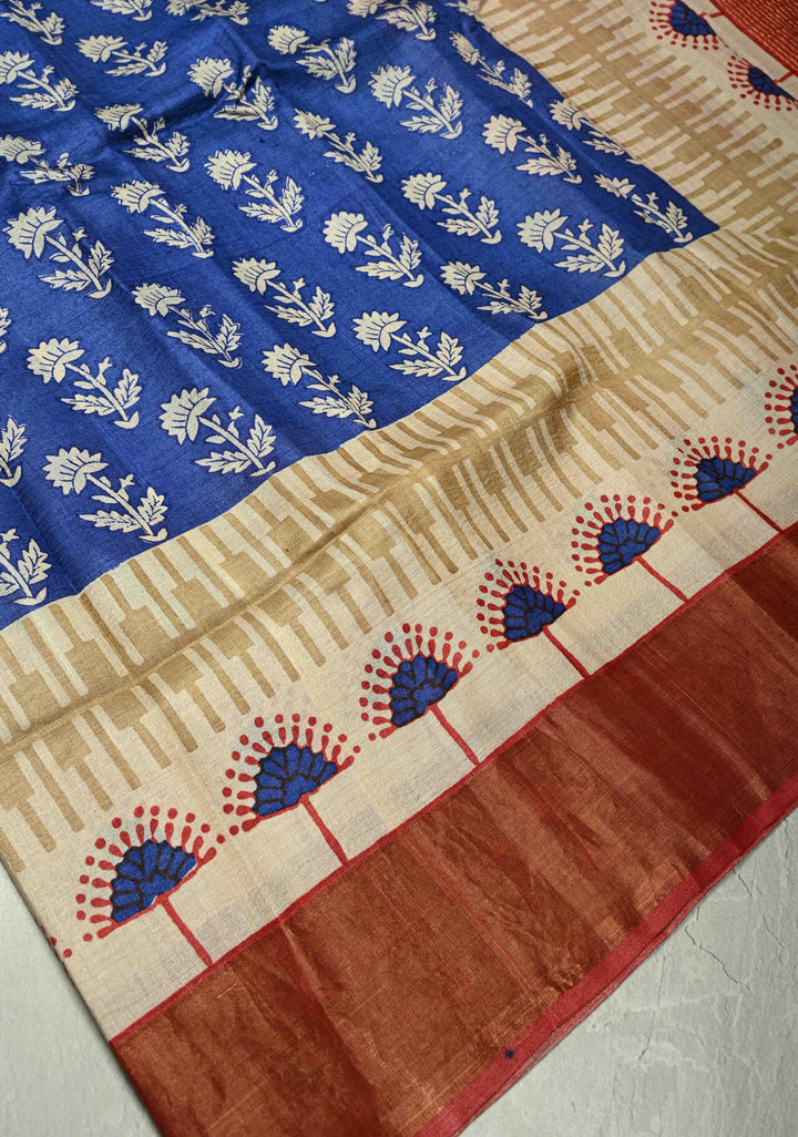 Blue Pure Handloom Jari Tussar Silk Saree with Block Print and Panel Design on Contrast Zari Border | SILK MARK CERTIFIED