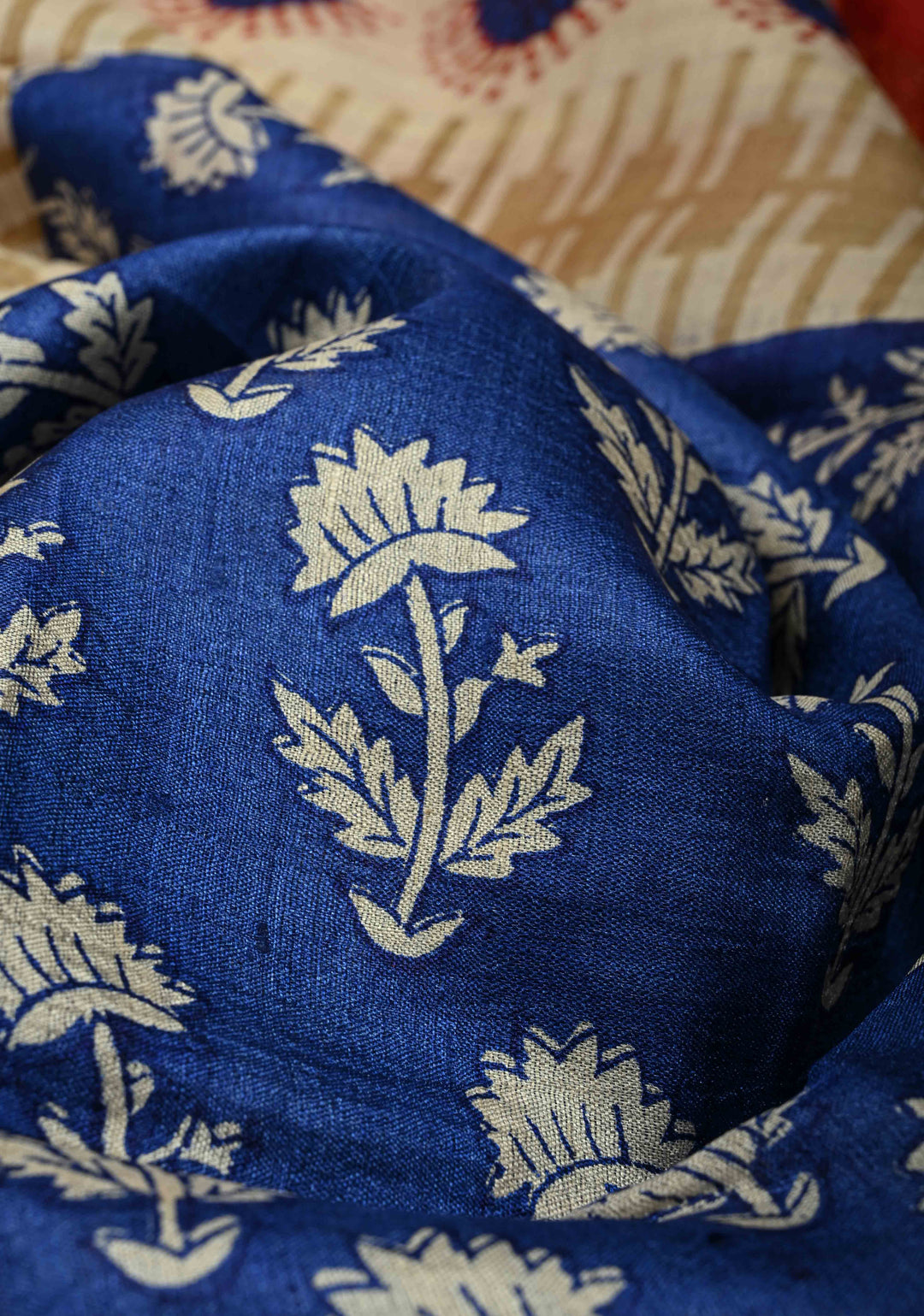 Blue Pure Handloom Jari Tussar Silk Saree with Block Print and Panel Design on Contrast Zari Border | SILK MARK CERTIFIED