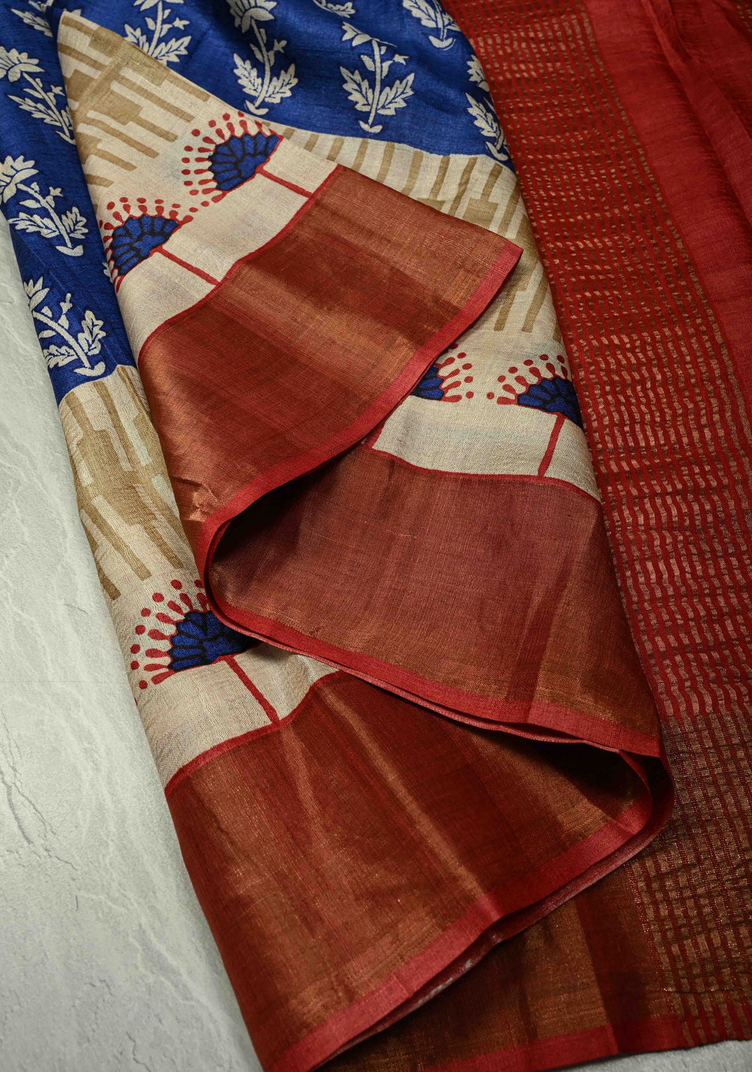 Blue Pure Handloom Jari Tussar Silk Saree with Block Print and Panel Design on Contrast Zari Border | SILK MARK CERTIFIED