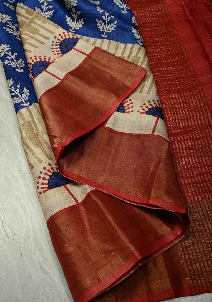 Blue Pure Handloom Jari Tussar Silk Saree with Block Print and Panel Design on Contrast Zari Border | SILK MARK CERTIFIED