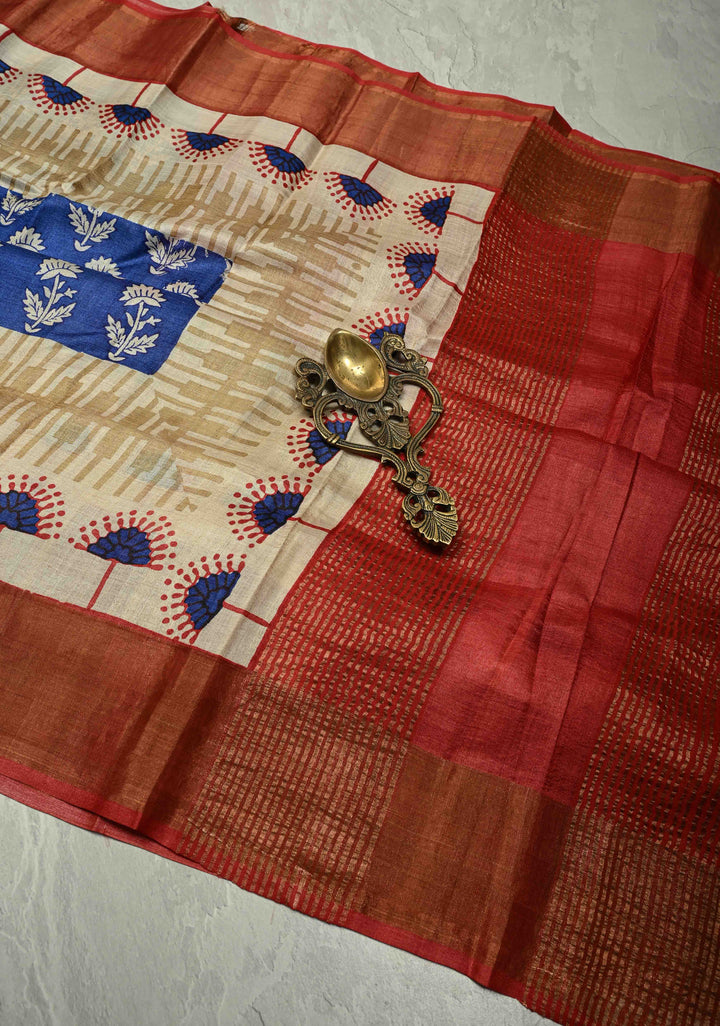 Blue Pure Handloom Jari Tussar Silk Saree with Block Print and Panel Design on Contrast Zari Border | SILK MARK CERTIFIED