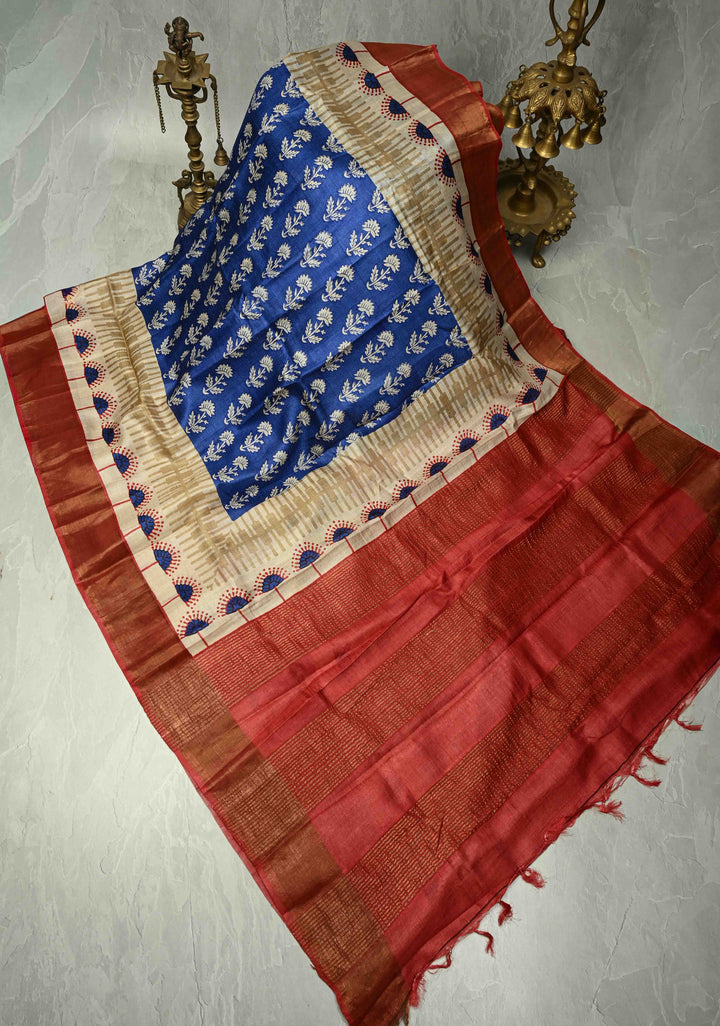 Blue Pure Handloom Jari Tussar Silk Saree with Block Print and Panel Design on Contrast Zari Border | SILK MARK CERTIFIED