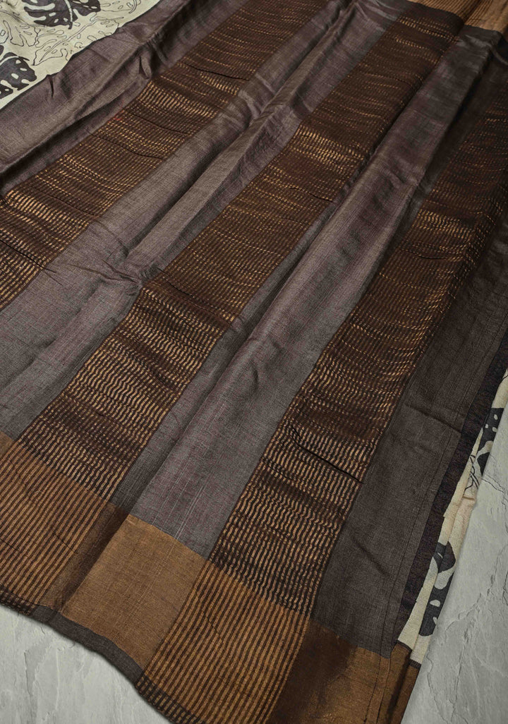 Natural Color Pure Handloom Jari Tussar Silk Saree with Handblock Print and Zari Border | SILK MARK CERTIFIED