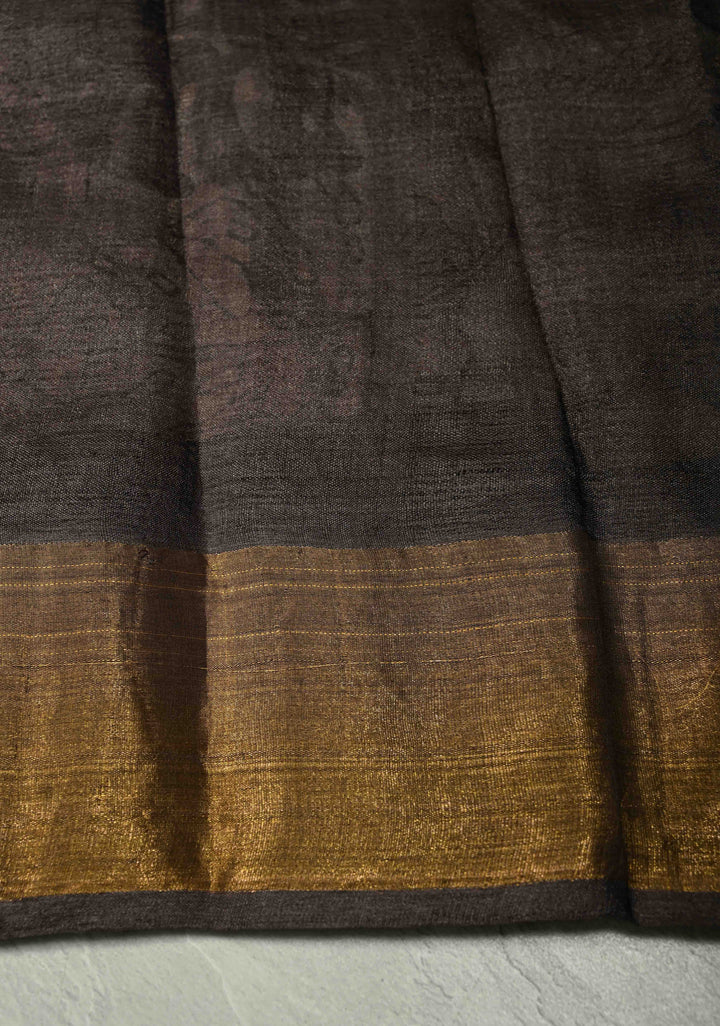 Natural Color Pure Handloom Jari Tussar Silk Saree with Handblock Print and Zari Border | SILK MARK CERTIFIED