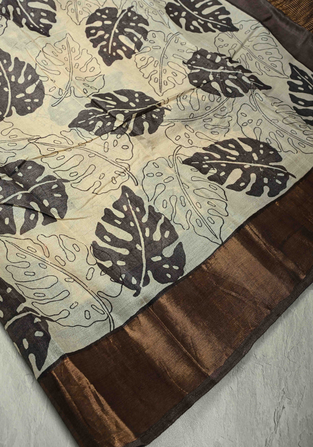 Natural Color Pure Handloom Jari Tussar Silk Saree with Handblock Print and Zari Border | SILK MARK CERTIFIED