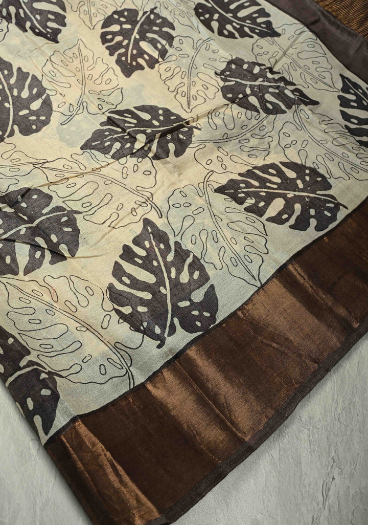 Natural Color Pure Handloom Jari Tussar Silk Saree with Handblock Print and Zari Border | SILK MARK CERTIFIED