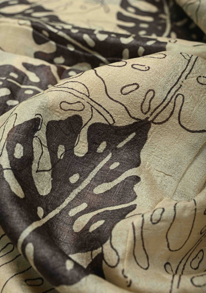 Natural Color Pure Handloom Jari Tussar Silk Saree with Handblock Print and Zari Border | SILK MARK CERTIFIED