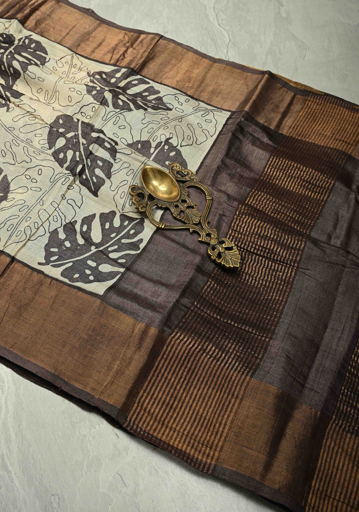 Natural Color Pure Handloom Jari Tussar Silk Saree with Handblock Print and Zari Border | SILK MARK CERTIFIED