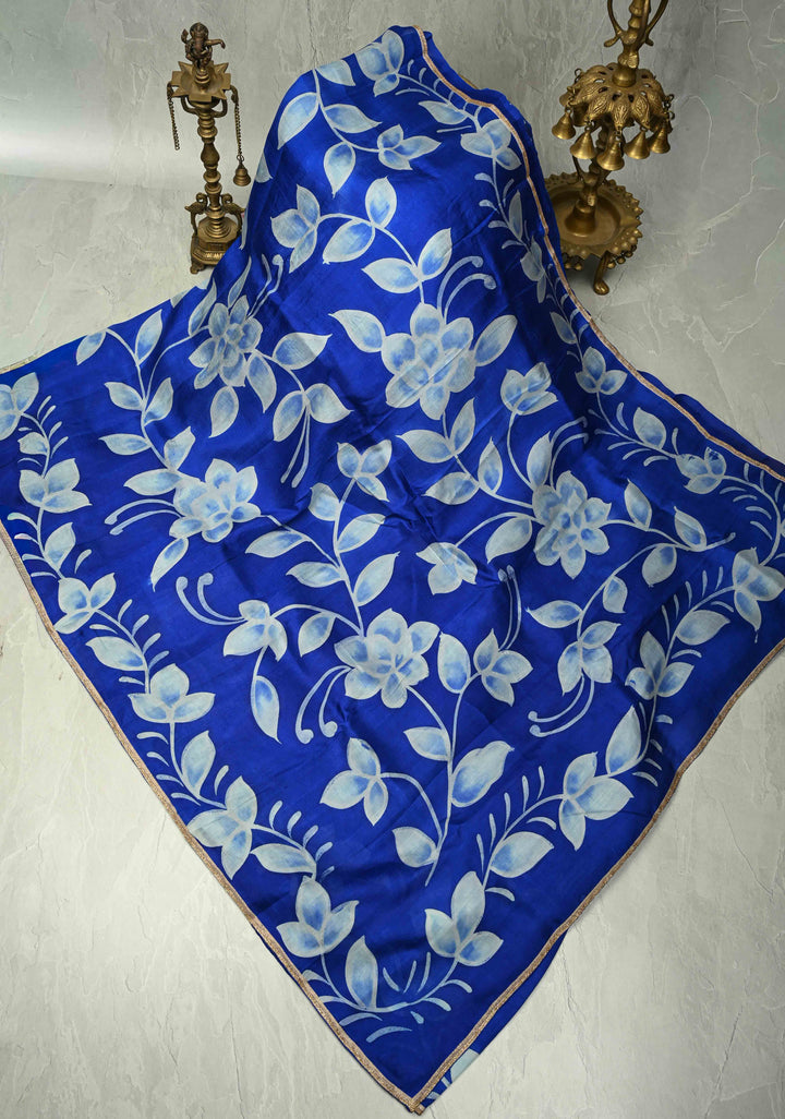 Sapphire Blue Hand Wax Batik Print on Lightweight Tussar Silk Saree with Floral Design and Lace Border | SILK MARK CERTIFIED