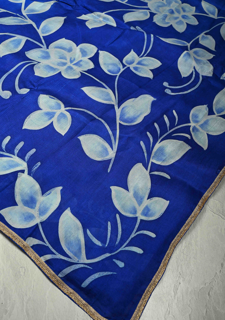 Sapphire Blue Hand Wax Batik Print on Lightweight Tussar Silk Saree with Floral Design and Lace Border | SILK MARK CERTIFIED