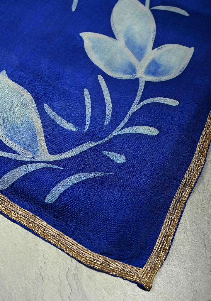 Sapphire Blue Hand Wax Batik Print on Lightweight Tussar Silk Saree with Floral Design and Lace Border | SILK MARK CERTIFIED