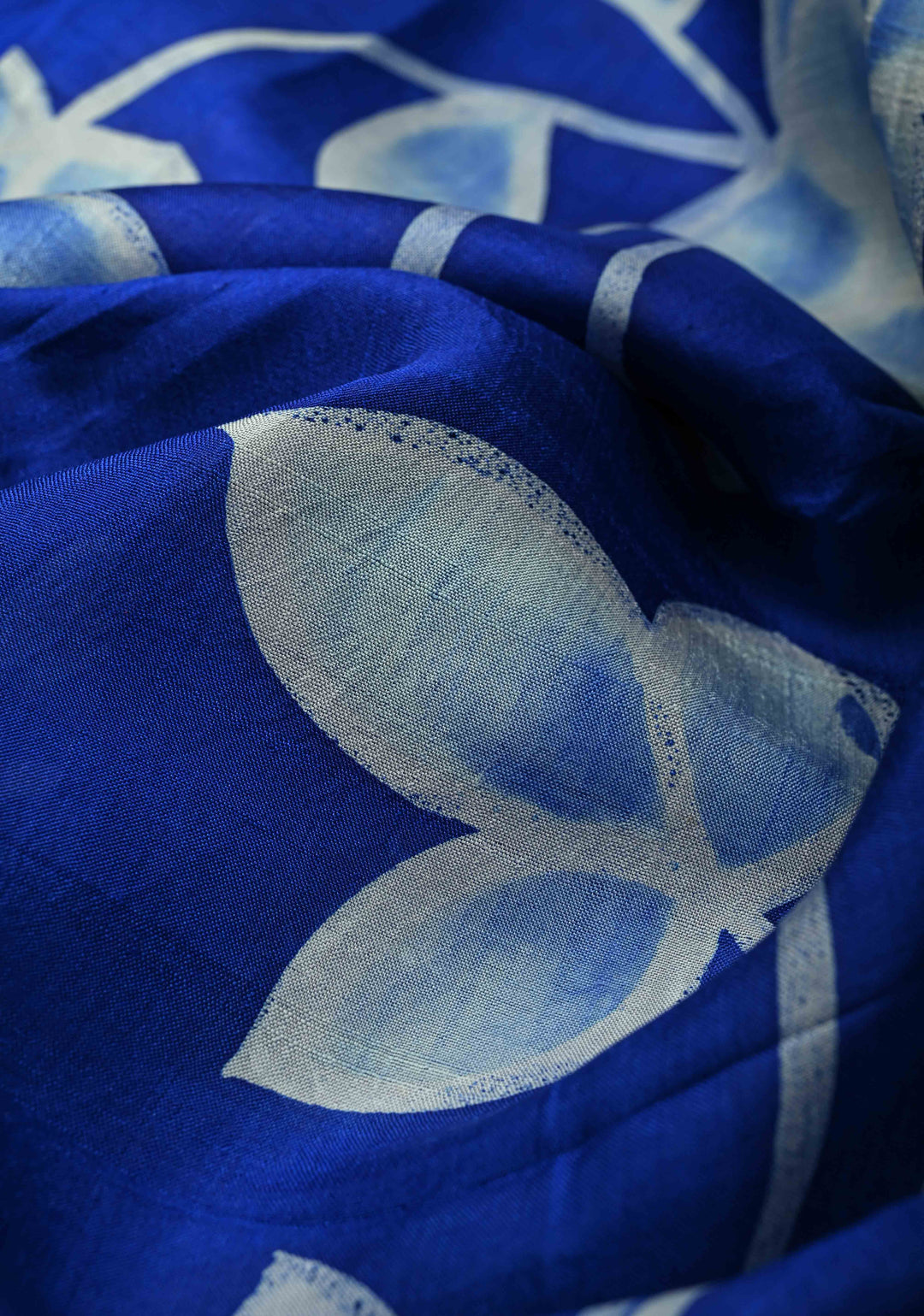 Sapphire Blue Hand Wax Batik Print on Lightweight Tussar Silk Saree with Floral Design and Lace Border | SILK MARK CERTIFIED