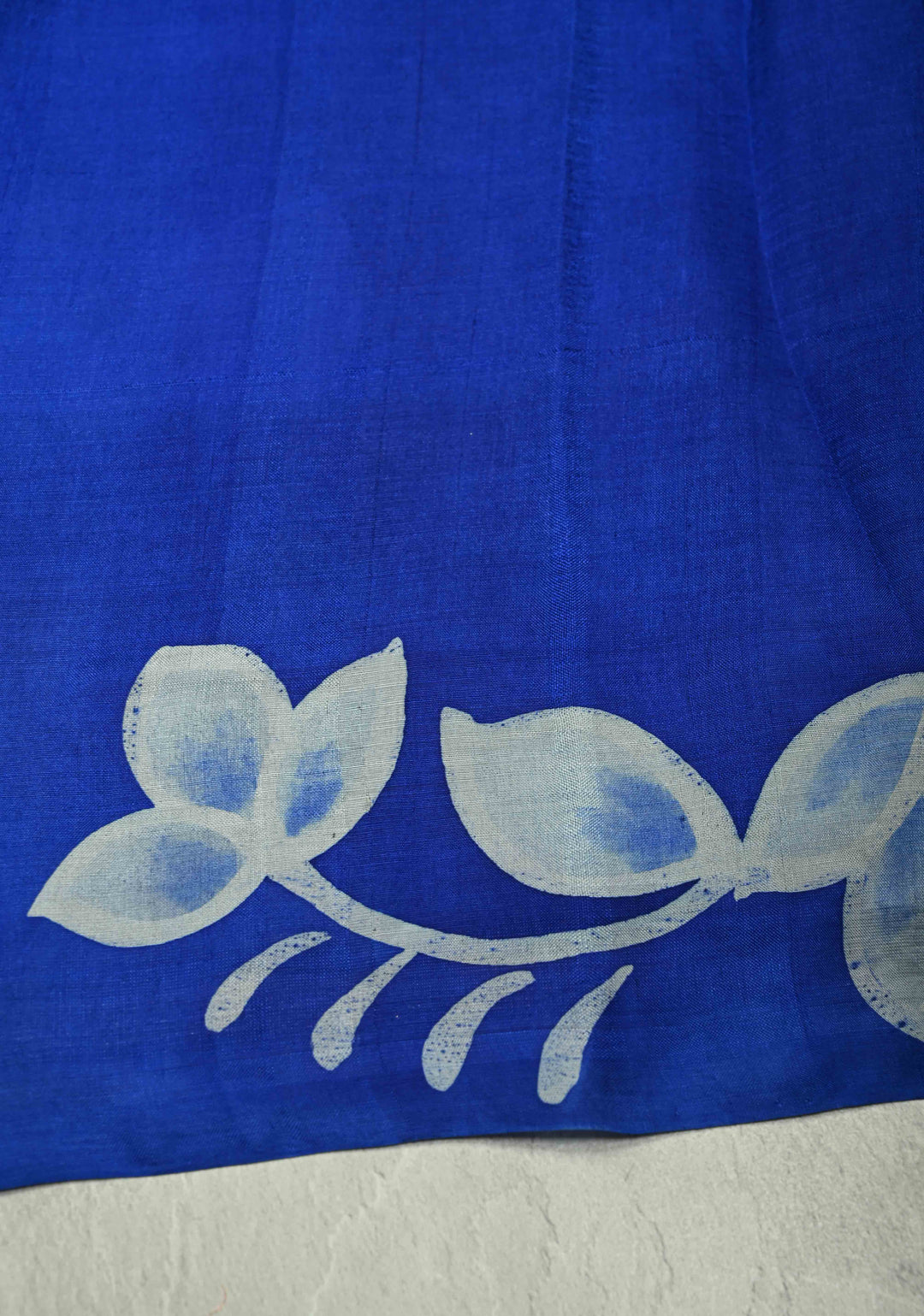 Sapphire Blue Hand Wax Batik Print on Lightweight Tussar Silk Saree with Floral Design and Lace Border | SILK MARK CERTIFIED