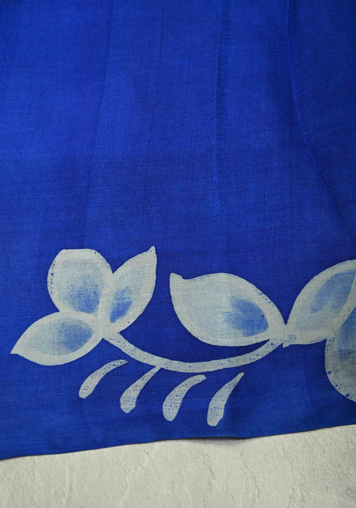 Sapphire Blue Hand Wax Batik Print on Lightweight Tussar Silk Saree with Floral Design and Lace Border | SILK MARK CERTIFIED