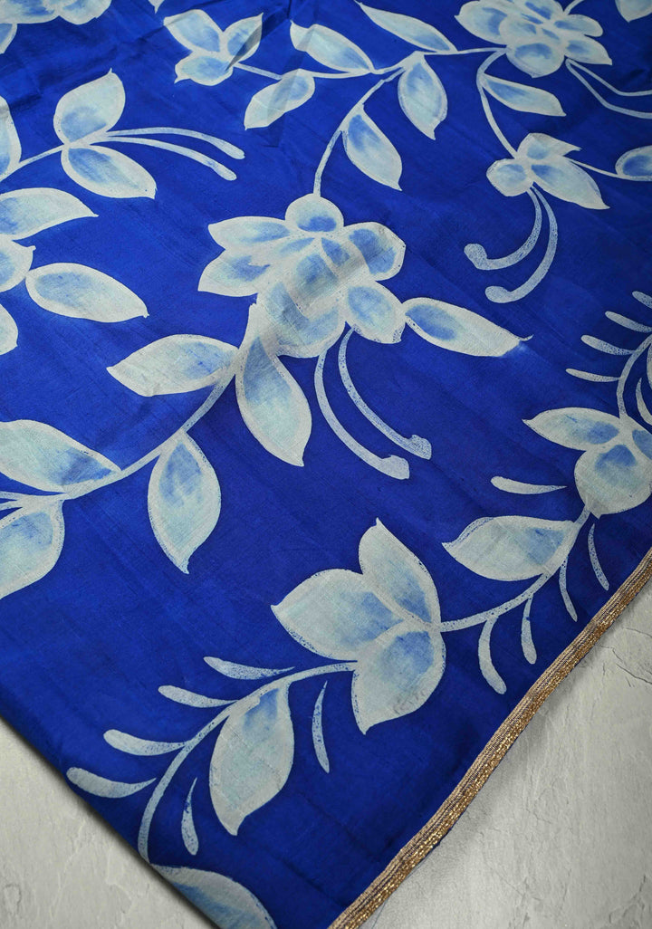 Sapphire Blue Hand Wax Batik Print on Lightweight Tussar Silk Saree with Floral Design and Lace Border | SILK MARK CERTIFIED