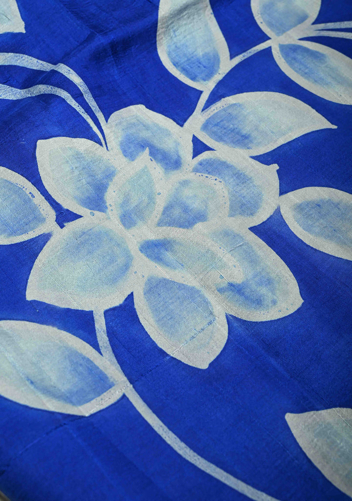 Sapphire Blue Hand Wax Batik Print on Lightweight Tussar Silk Saree with Floral Design and Lace Border | SILK MARK CERTIFIED
