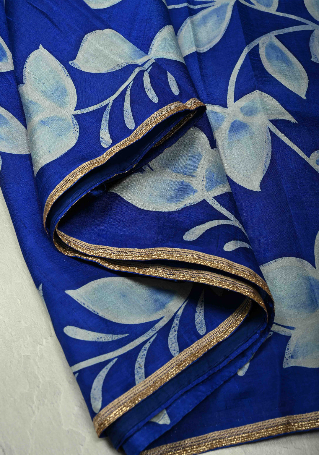 Sapphire Blue Hand Wax Batik Print on Lightweight Tussar Silk Saree with Floral Design and Lace Border | SILK MARK CERTIFIED