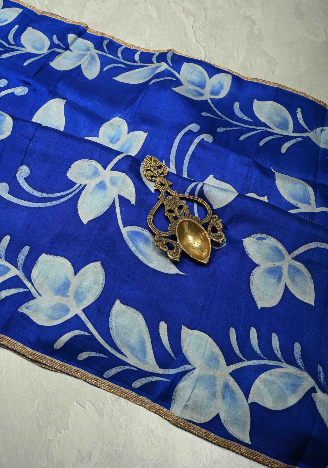 Sapphire Blue Hand Wax Batik Print on Lightweight Tussar Silk Saree with Floral Design and Lace Border | SILK MARK CERTIFIED