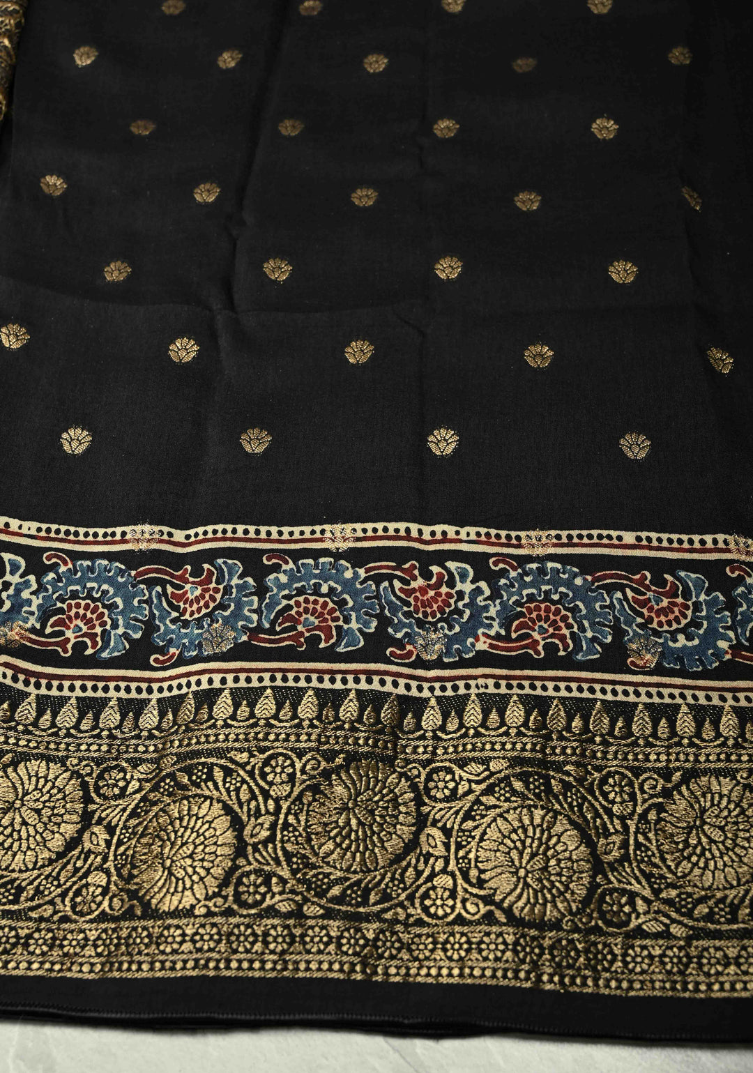 Red-Blue-Black Modal Silk Saree with Ajrakh Hand Block Print and Fancy Zari Border