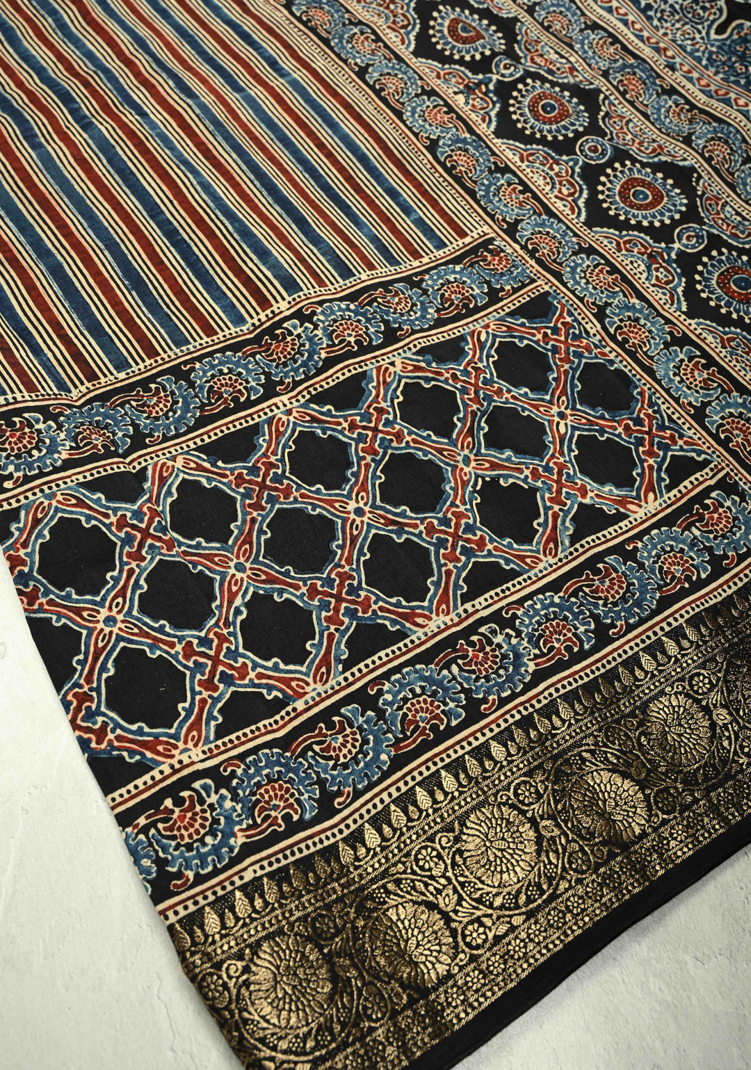 Red-Blue-Black Modal Silk Saree with Ajrakh Hand Block Print and Fancy Zari Border