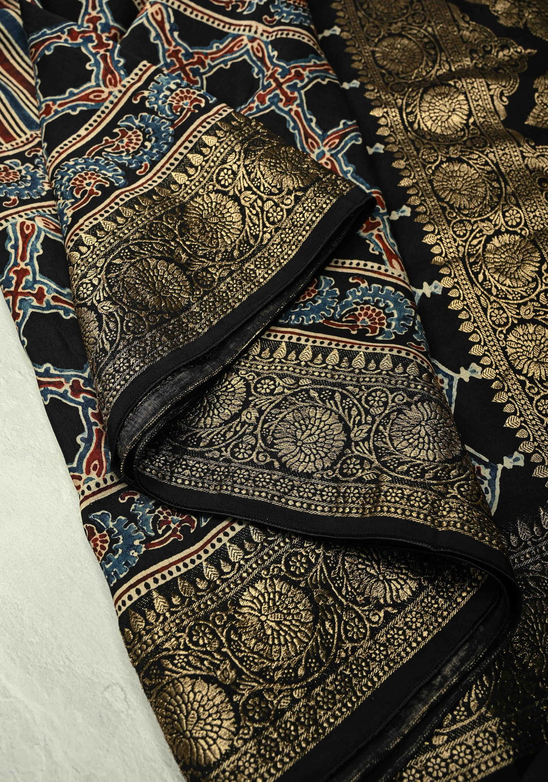 Red-Blue-Black Modal Silk Saree with Ajrakh Hand Block Print and Fancy Zari Border