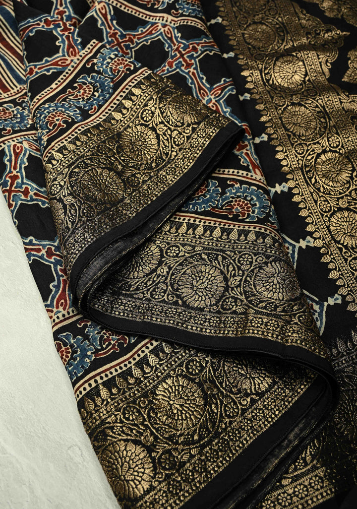 Red-Blue-Black Modal Silk Saree with Ajrakh Hand Block Print and Fancy Zari Border