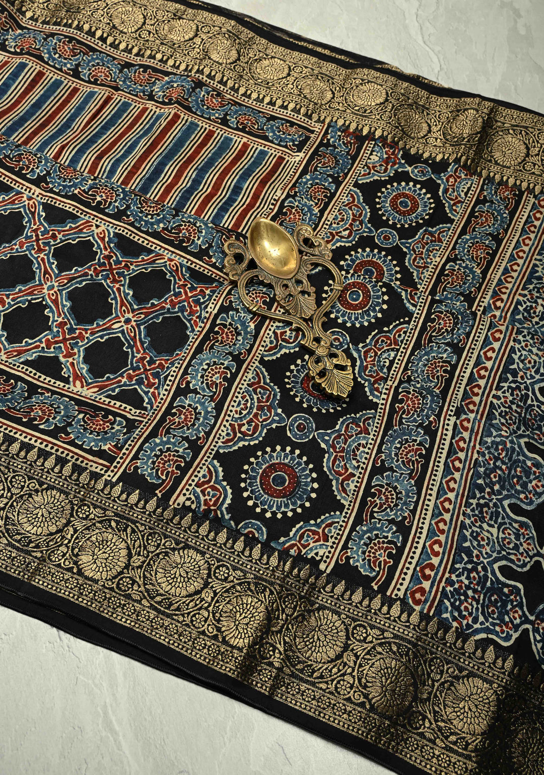 Red-Blue-Black Modal Silk Saree with Ajrakh Hand Block Print and Fancy Zari Border