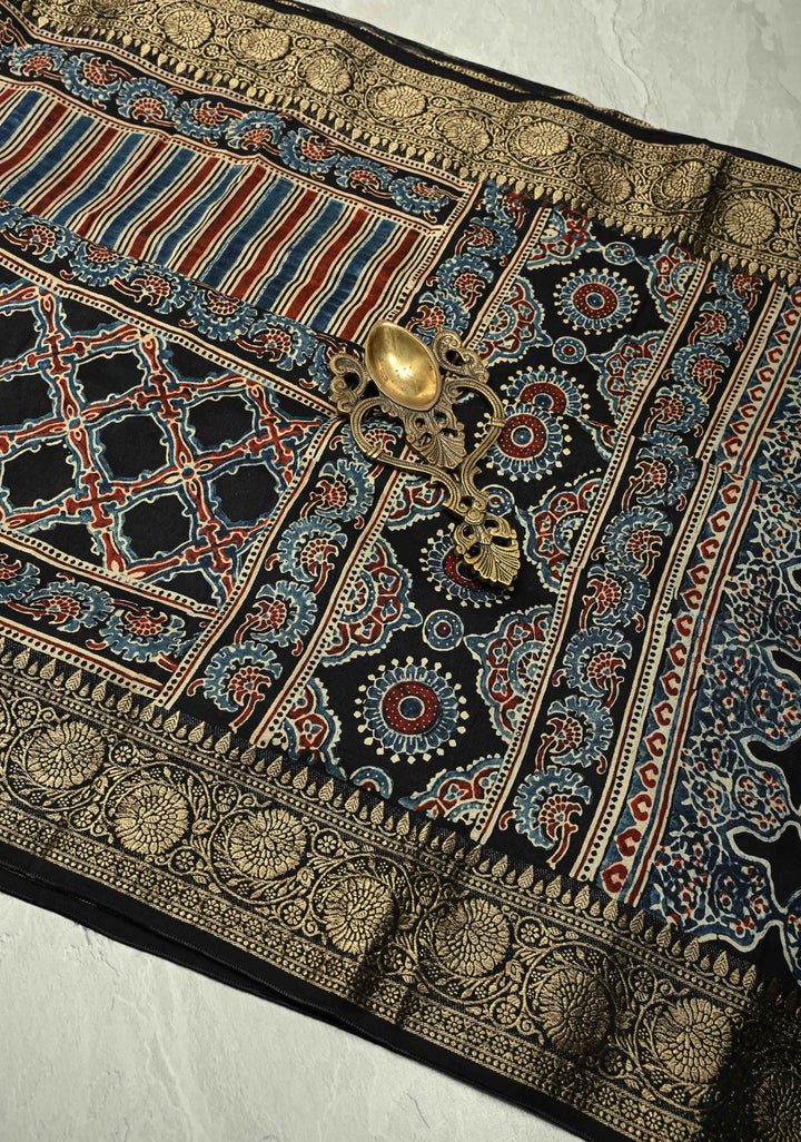 Red-Blue-Black Modal Silk Saree with Ajrakh Hand Block Print and Fancy Zari Border