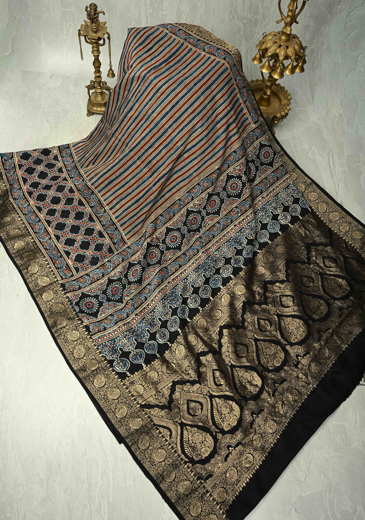 Red-Blue-Black Modal Silk Saree with Ajrakh Hand Block Print and Fancy Zari Border