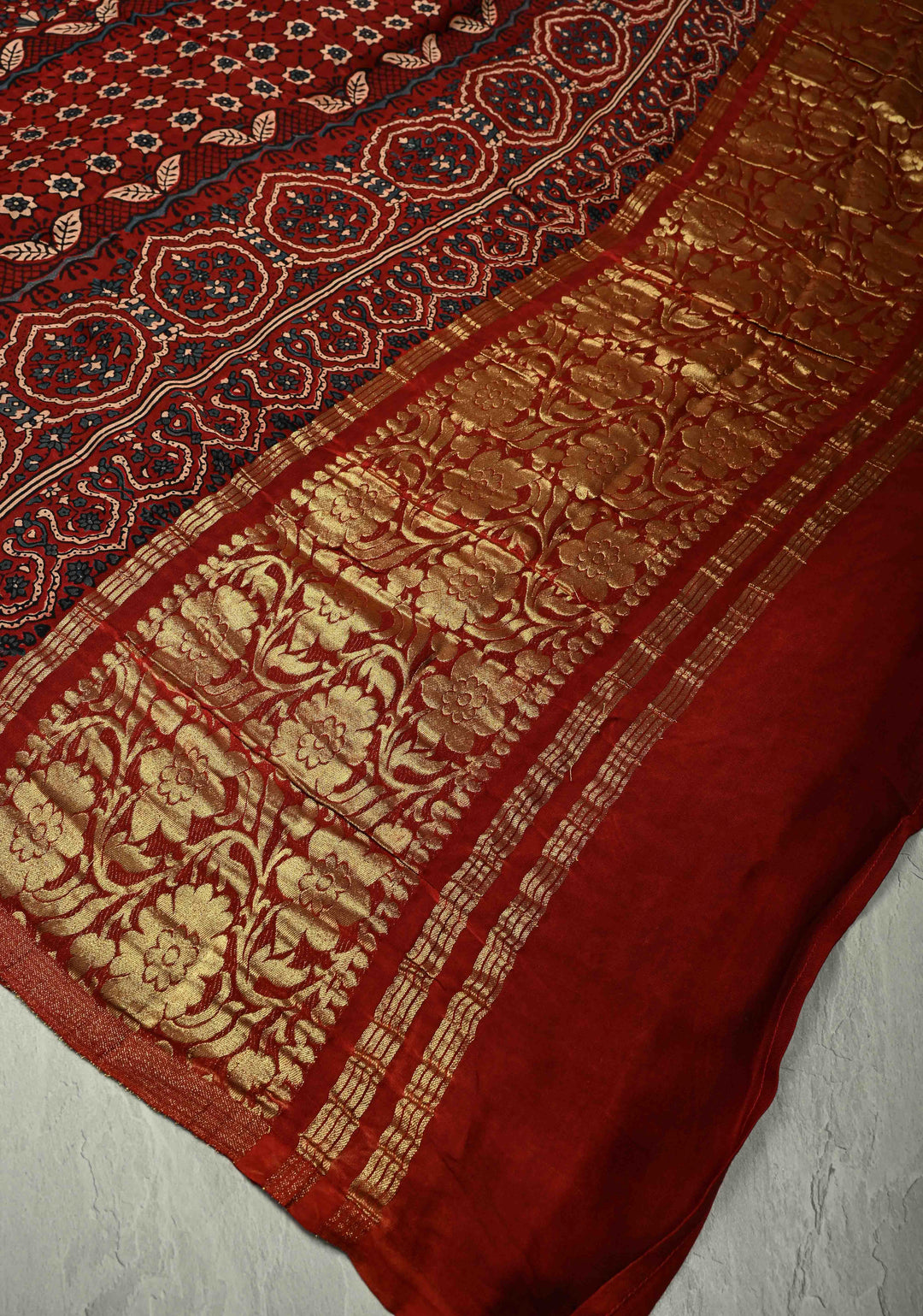 Black Modal Silk Saree with Ajrakh Hand Block Print on Wide Border and Crushed Pallu