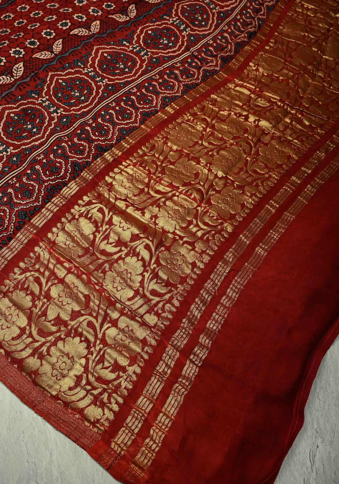 Black Modal Silk Saree with Ajrakh Hand Block Print on Wide Border and Crushed Pallu