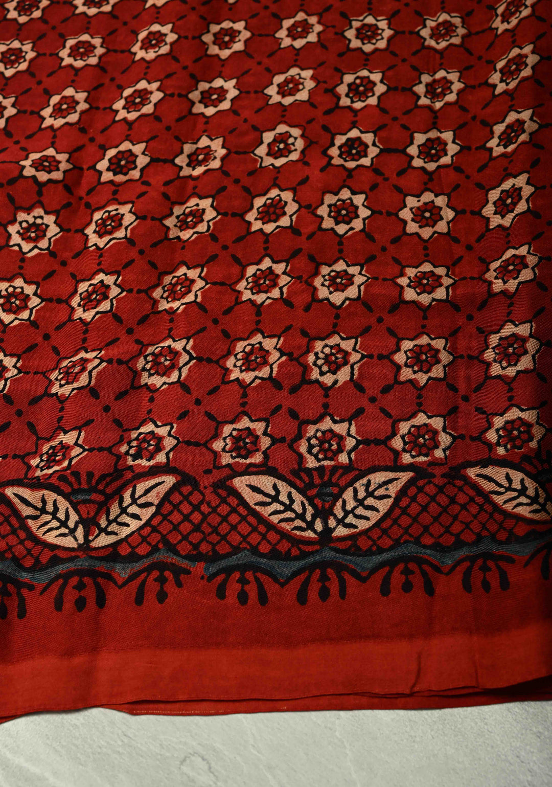 Black Modal Silk Saree with Ajrakh Hand Block Print on Wide Border and Crushed Pallu