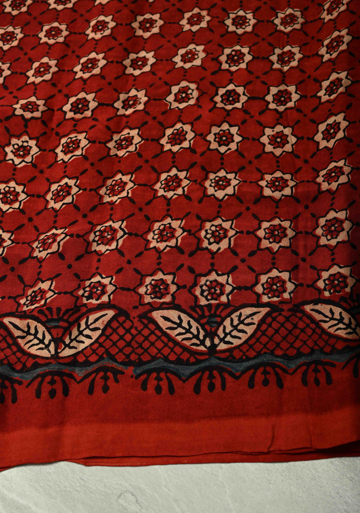 Black Modal Silk Saree with Ajrakh Hand Block Print on Wide Border and Crushed Pallu