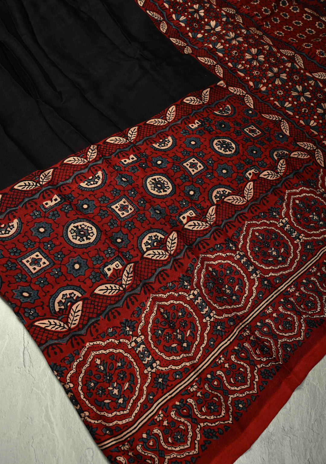 Black Modal Silk Saree with Ajrakh Hand Block Print on Wide Border and Crushed Pallu