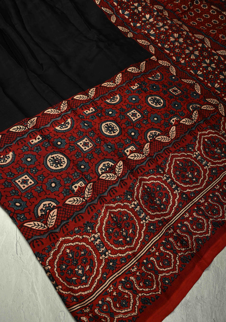 Black Modal Silk Saree with Ajrakh Hand Block Print on Wide Border and Crushed Pallu