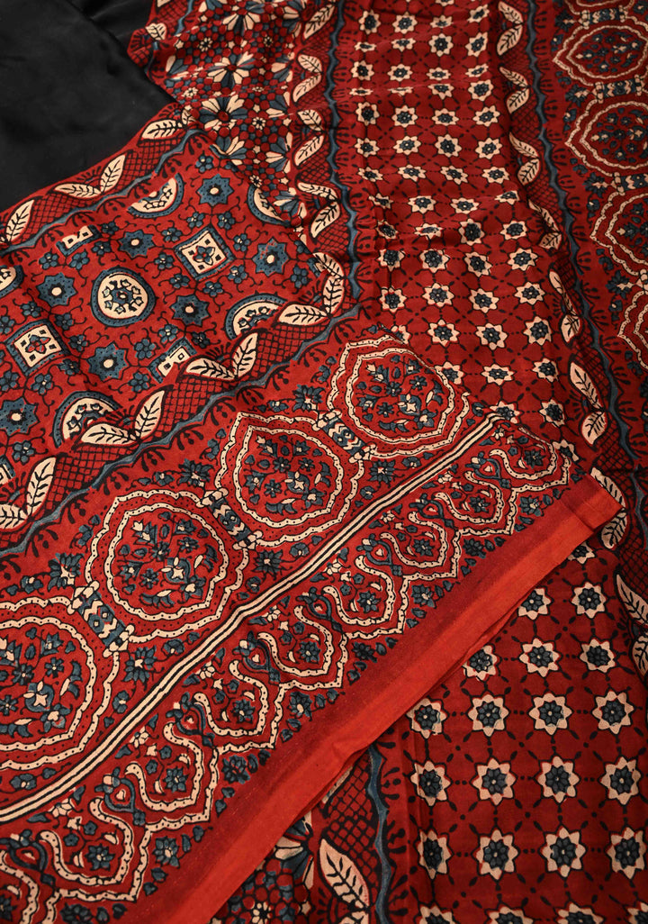 Black Modal Silk Saree with Ajrakh Hand Block Print on Wide Border and Crushed Pallu