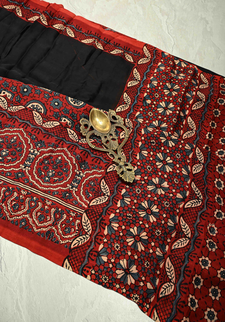 Black Modal Silk Saree with Ajrakh Hand Block Print on Wide Border and Crushed Pallu