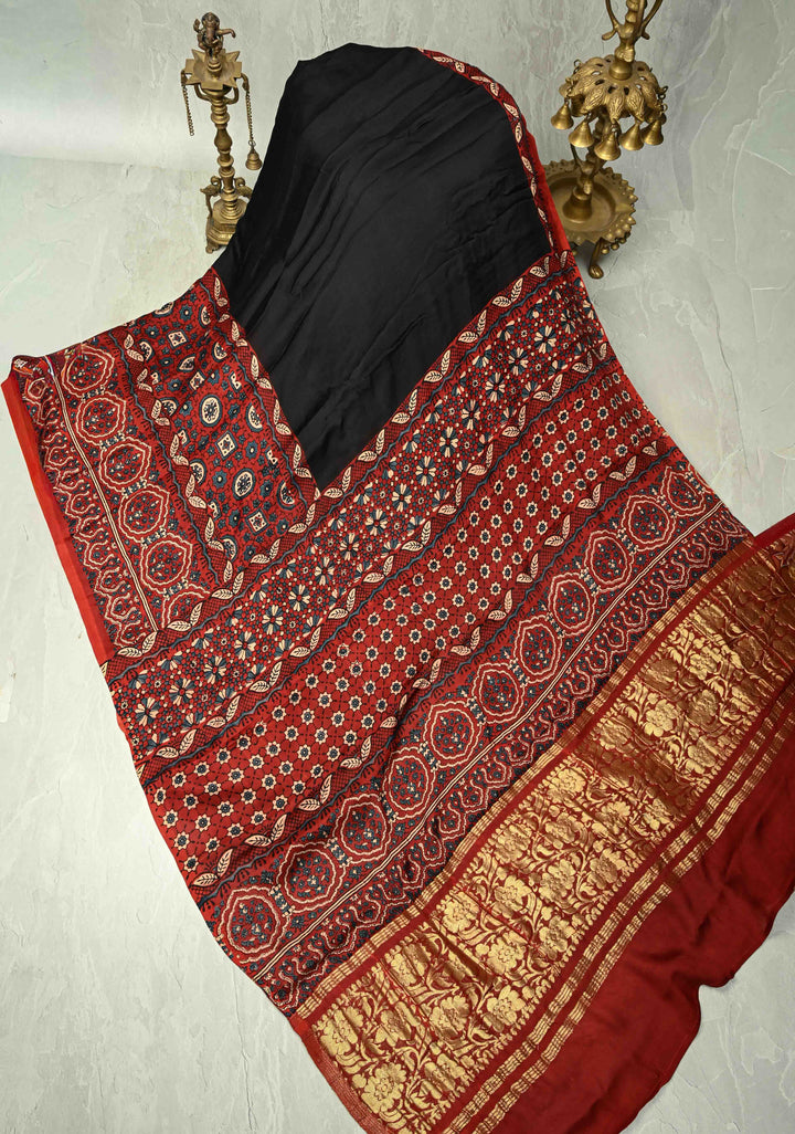 Black Modal Silk Saree with Ajrakh Hand Block Print on Wide Border and Crushed Pallu