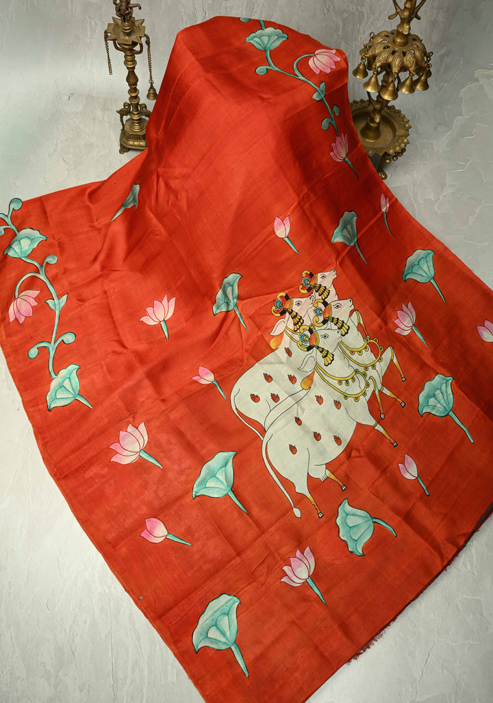 Vermilion Orange Pure Tussar Silk Saree with Kalamkari Lotus Hand Painted and Pichwai Motifs on Pallu | SILK MARK CERTIFIED