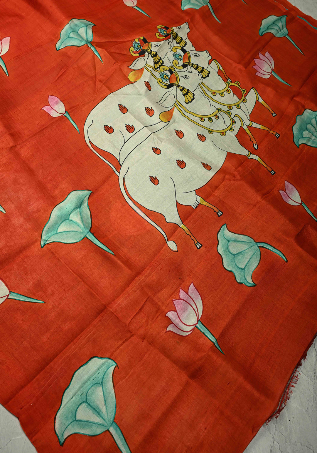 Vermilion Orange Pure Tussar Silk Saree with Kalamkari Lotus Hand Painted and Pichwai Motifs on Pallu | SILK MARK CERTIFIED