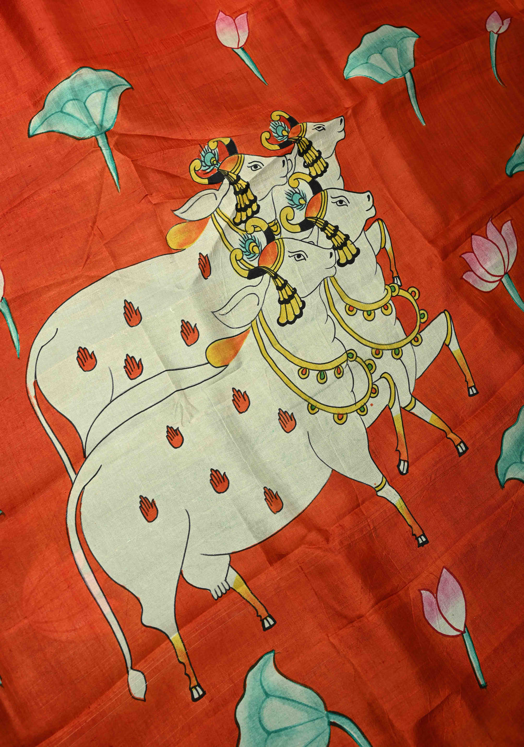 Vermilion Orange Pure Tussar Silk Saree with Kalamkari Lotus Hand Painted and Pichwai Motifs on Pallu | SILK MARK CERTIFIED