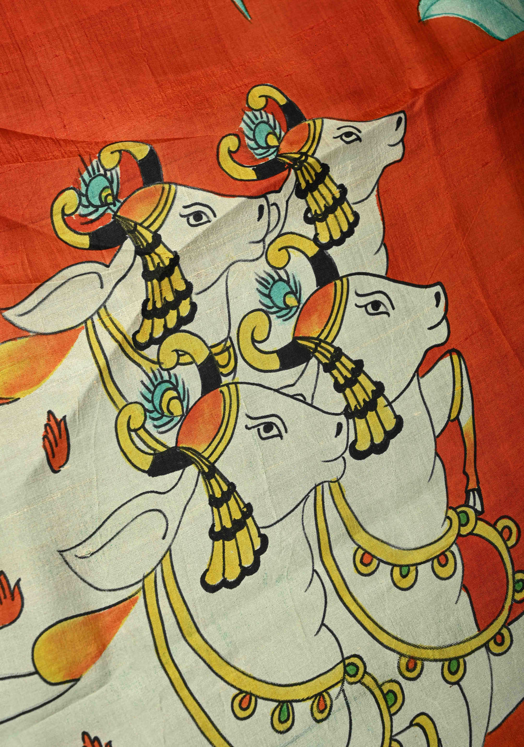 Vermilion Orange Pure Tussar Silk Saree with Kalamkari Lotus Hand Painted and Pichwai Motifs on Pallu | SILK MARK CERTIFIED